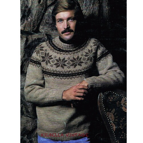 Vintage Sweater Knitting Pattern  - Mens Sweater Pattern - Fair Isle Yoke Sweater Knitting - PDF Knitting Pattern Instant Download