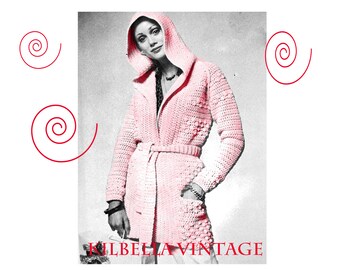 Womens Crochet Hooded Sweater Coat Pattern - Vintage 70's Ladies Belted Wrap Jacket 4 Ply PDF Crochet Pattern