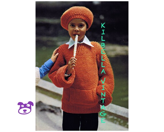 Childrens Sweater Knitting Pattern Jumper Pullover Front Pocket