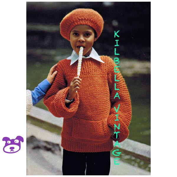 Childrens Sweater Knitting Pattern Jumper Pullover Front Pocket Girls, Boys Kangaroo Pocket Sweater & Beret PDF Knitting Pattern