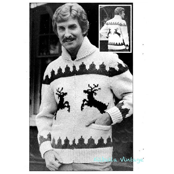 Sweater Knitting Pattern - Patons  - Reindeer Sweater -  Women Men Jumper Cardigan PDF Knitting Pattern