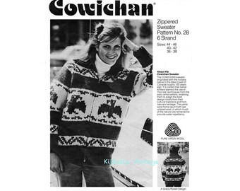 Cowichan Sweater Knitting Pattern - Eagle Sweater Design Men or Women - Sizes 36 to 46 - Zip Cardigan Sweater PDF Knitting Pattern
