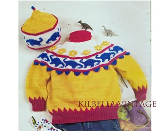 Knitting Pattern Children Dinosaur Sweater Jumper  Vintage Toddler Kids Sweater Knitting Pattern & Hat PDF Knitting Pattern