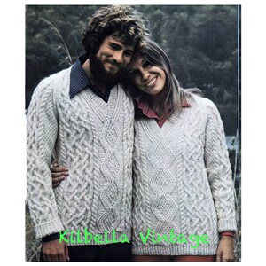 Aran Pullover Knitting Pattern - Vintage 1970's Men Women Sweater Knitting PDF Knitting Pattern V Neck Pullover