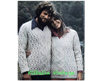 Aran Pullover Knitting Pattern - Vintage 1970's Men Women Sweater Knitting PDF Knitting Pattern V Neck Pullover