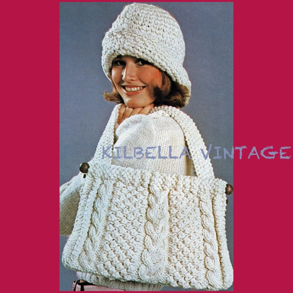 KNITTING PATTERN Cable Purse Bag Knit Pattern Tote Pattern, Winter Bag , Handbag, PDF Knitting Pattern Includes Crochet Hat Pattern