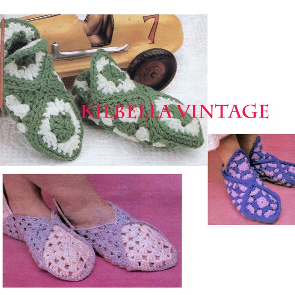 Granny Square Slipper Patterns - Womens - Boy - Girls Home Slipper Vintage PDF Crochet Patterns