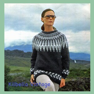 Pullover Knitting Pattern - Vintage 1970's Men Women Fair Isle Yoke Sweater Knitting Icelandic Jumper Knitting Pattern PDF