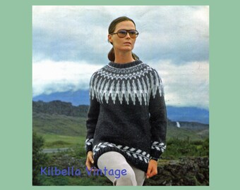 Pullover Knitting Pattern - Vintage 1970's Men Women Fair Isle Yoke Sweater Knitting Icelandic Jumper Knitting Pattern PDF