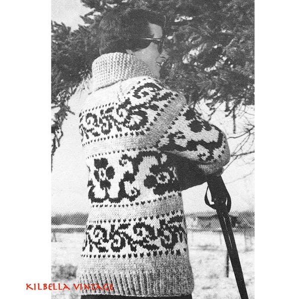 Cowichan Sweater Knitting Pattern  White Buffalo Wool  Flower Design Sweater PDF Knitting PATTERN  Vintage 1970's Instant  Download