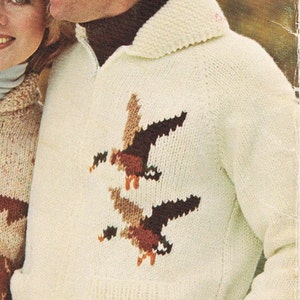 Knitting Pattern Men's Zip Up Sweater Jumper Vintage 70's Duck Graph Sweater Knitting Pattern PDF