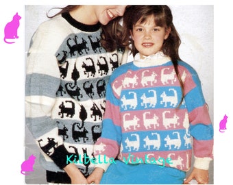Cat Pullover Knitting Pattern - Vintage 1980's Girls Women Cat Sweater Knitting PDF Knitting Pattern