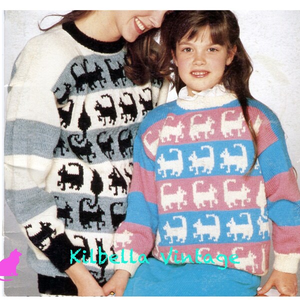 Cat Pullover Knitting Pattern - Vintage 1980's Girls Women Cat Sweater Knitting PDF Knitting Pattern