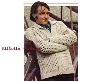 Crochet Mens Cardigan - Sweater Crochet - Vintage 70's - PDF Crochet Pattern