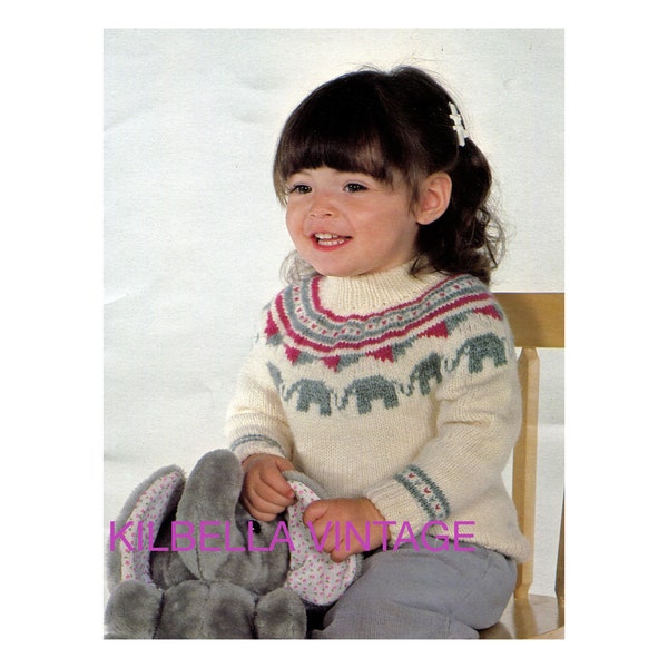 Knitting Pattern - Girls Elephant Pullover Vintage 1980's Children's Sweater Knitting PDF Knitting Pattern