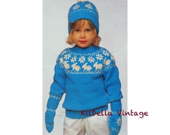 Girls Sweater Knitting Pattern - Includes Hat - Mitten Girls Bunny Yoke Sweater Pattern  PDF Knitting Pattern