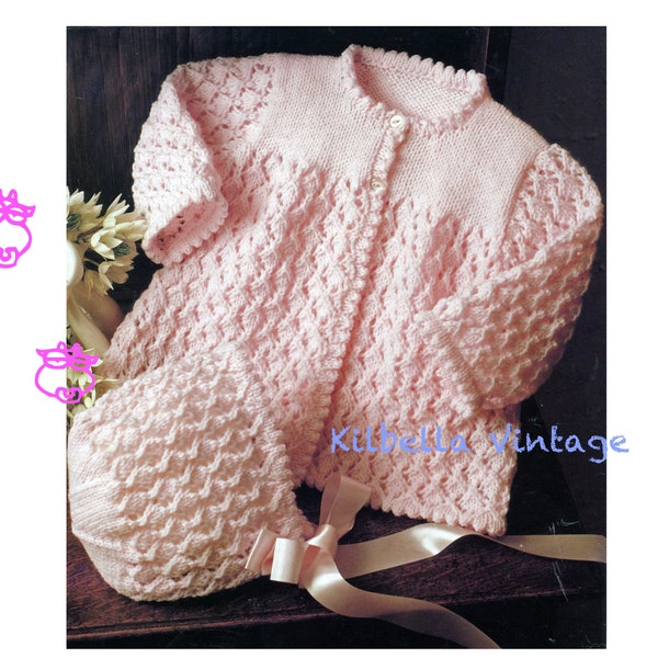 Baby Child's Jacket, Sweater and Hat Bonnet Baby Girl Knitting Pattern Easy Knit Design 16-20''  6 ply & 4 Ply - PDF Knitting Pattern