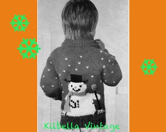 Vintage Knitting Pattern Childs Knit Snowman Sweater Cardigan Raglan Fair Isle Knitting Style Knit jumper PDF Knitting Pattern Size 4 & 6