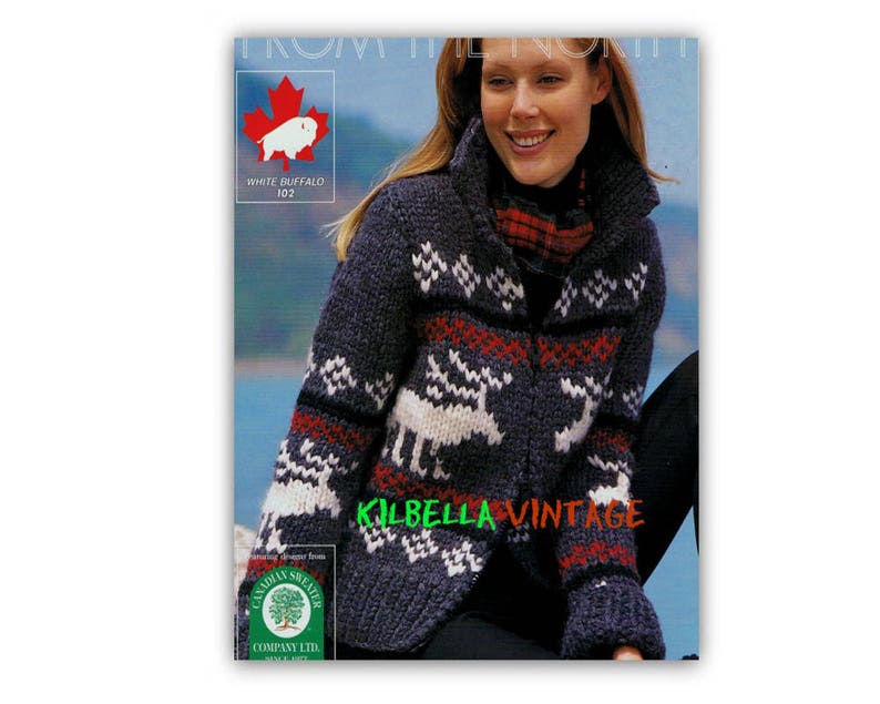 Cowichan Pattern Reindeer Sweater Knitting Pattern Men, Women White Buffalo Zip Sweater PDF Knitting Pattern Instant Download image 1