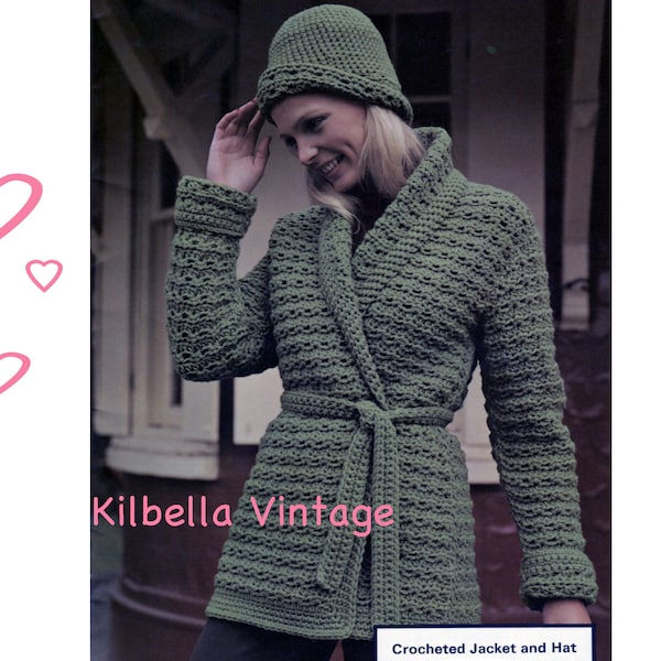 Women Crochet Jacket and Hat Pattern -  Ladies Tie Belt Wrap Around Jacket Short Coat - Vintage PDF Crochet Pattern