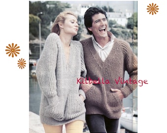 Pullover Knitting Pattern - Vintage 1970's Men Women Sweater Knitting PDF Knitting Pattern  V Neck Pullover with Pockets
