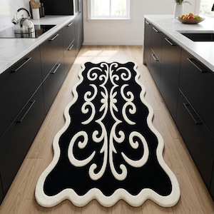 Black & White Hand Tufted Kitchen Runner Rug | Modern Scroll Pattern Carpet | Luxury Hallway Runner | Custom Size Area Rug