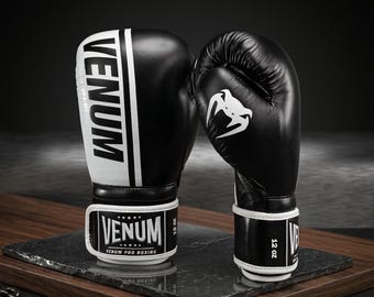 Gants de boxe en cuir Venum Pro | Équipement de sparring noir et blanc (12 oz)