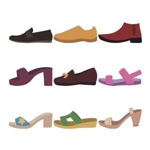 May include: Nine pairs of shoes in various styles and colors are displayed on a white background. The shoes include loafers, sneakers, ankle boots, heels, sandals, and mules. Colors include black, brown, yellow, red, pink, green, and blue.
