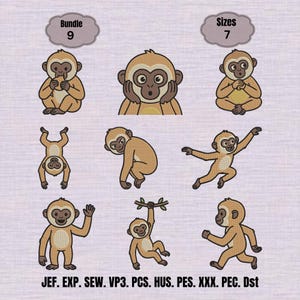 Puede incluir: Un conjunto de diseños de bordado con nueve monos de color canela y marrón en varias posturas, incluyendo sentados, colgados y saludando. Las etiquetas incluyen Bundle 9, Sizes 7 y formatos JEF, EXP, SEW, VP3, PCS, HUS, PES, XXX, PEC, Dst.
