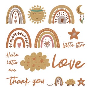 May include: A collection of boho-style illustrations featuring rainbows, a smiling sun, stars, a cloud, and a crescent moon with feathers. The word "Love", "Little Star", "Thank you", and "Hello little one" are also included.