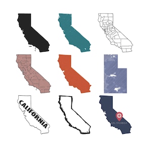 Puede incluir: Nueve ilustraciones diferentes del estado de California. Las imágenes incluyen colores sólidos, contornos y un mapa con los condados del estado. Una imagen tiene la palabra "CALIFORNIA" impresa, y otra tiene un alfiler de estrella roja.