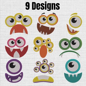 Op de afbeelding: Een collectie van 9 Designs met geborduurde monstergezichten met verschillende aantallen ogen, uitdrukkingen en kleuren, waaronder geel, rood, roze, groen, paars en taling, allemaal weergegeven op een witte, getextureerde achtergrond.