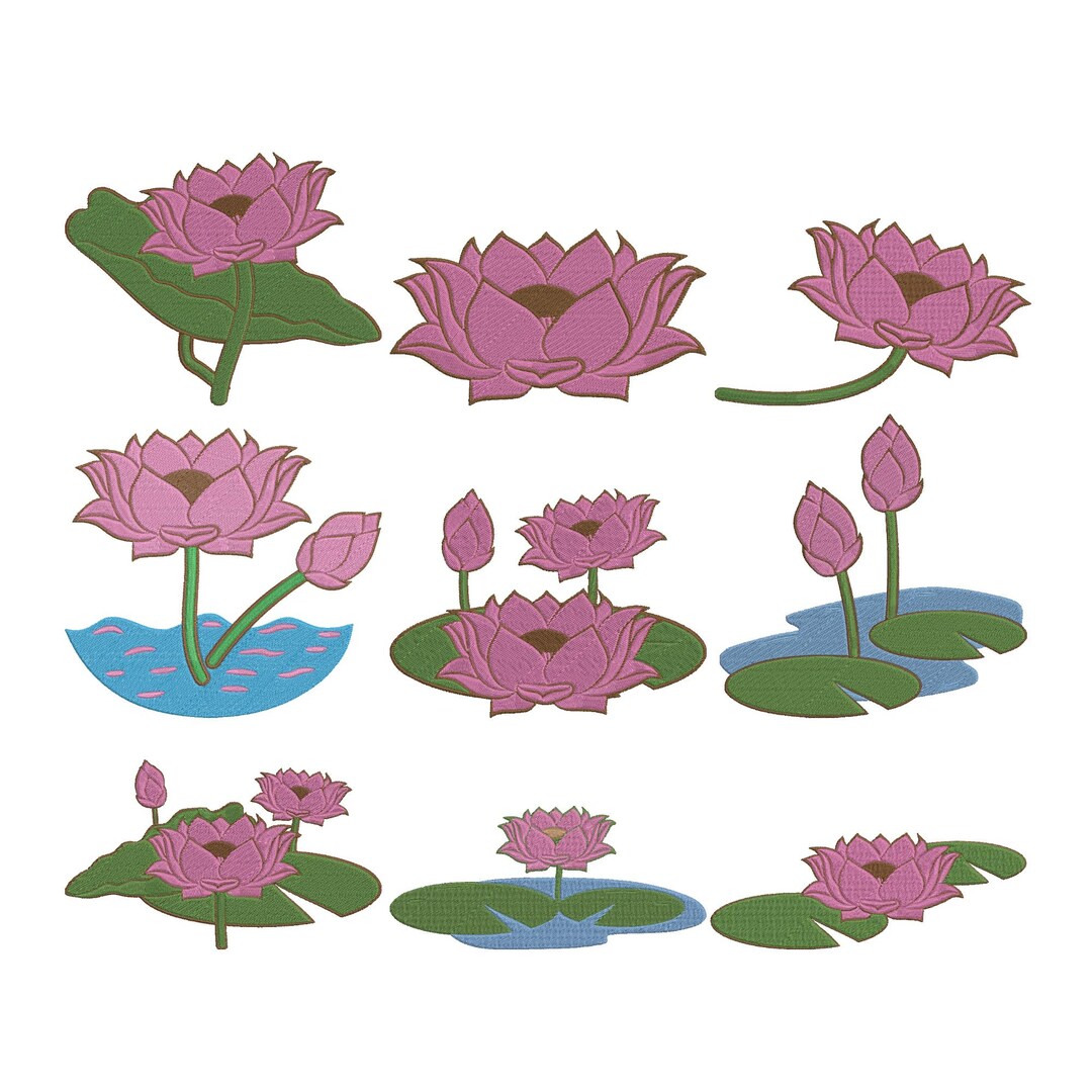 Lotus Flower Embroidery Design Bundle, Water Lily Floral Pond Bloom ...