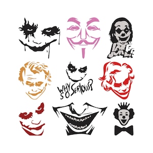 May include: Nine graphic designs featuring clown and mask-themed illustrations. The designs include the Joker's face in multiple styles, a Guy Fawkes mask, and the phrase "Why So Serious?" in a stylized font.