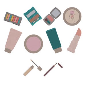 May include: An assortment of makeup products, including eyeshadow palettes, blush, lipstick, and concealer, are arranged on a white background. The products feature various colors and textures, with a focus on cosmetic application and beauty.