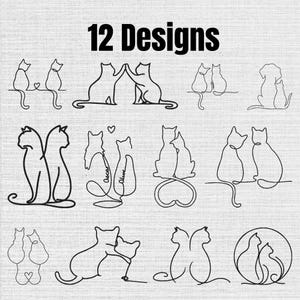 Pode incluir: Uma coleção de 12 Designs com ilustrações de linhas pretas de gatos em várias poses. Os gráficos incluem pares de gatos interagindo, sentados juntos ou formando corações com as caudas, com alguns designs incluindo os nomes Oscar e Olive.
