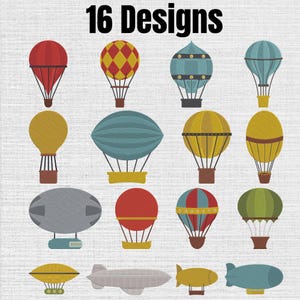 May include: A collection of 16 designs featuring various hot air balloons and airships in red, yellow, blue, green, and gray. The illustrations display diverse shapes, including round, oval, and elongated forms, with detailed baskets and rigging.