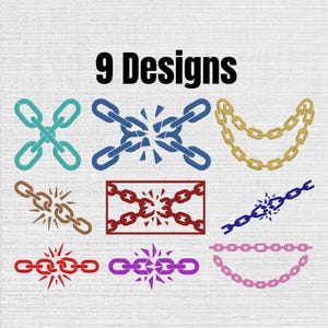 May include: A digital graphic featuring the text 9 Designs above nine distinct chain illustrations. The collection includes teal crossed chains, broken blue chains, gold draped chains, brown and red broken chains, and pink draped chains.