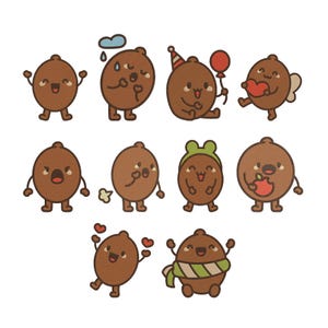 May include: A collection of brown cartoon characters with various expressions and accessories. Some characters are happy, sad, or celebrating with balloons and party hats. The characters have small arms and legs and are set against a white background.