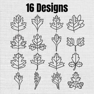 May include: A collection of 16 black line art leaf designs arranged in a four-by-four grid. Each icon features a distinct botanical shape with simple outlines, showcasing various serrated and lobed leaf structures on a light gray background.