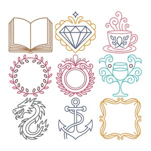 Op de afbeelding: Negen lijntekening illustraties van diverse decoratieve elementen. Inclusief een open boek, een diamant, een theekopje, een krans, een kader, een wijnglas, een draak, een anker en een decoratief kader.