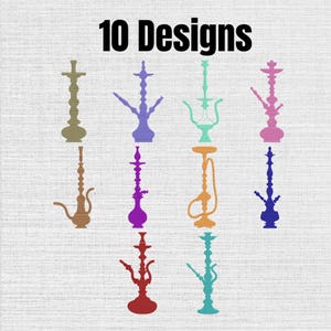 May include: A collection of 10 designs featuring various hookah silhouettes in different colors including tan, purple, mint green, pink, brown, violet, orange, blue, red, and teal. The text 10 Designs is displayed in black at the top of the image.