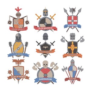 May include: Nine heraldic crests with medieval themes. Each crest features a shield, helmet, and weapons like swords, axes, and spears. Banners below each crest display titles such as "Brave Knight" and "Elite Warrior".