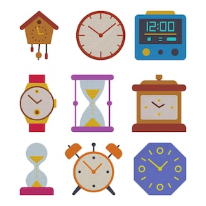 以下が含まれることがあります： フラットでイラスト的なスタイルの9つの時計と計時デバイスのコレクション。カッコウ時計、アナログ壁掛け時計、デジタル目覚まし時計、腕時計、砂時計、目覚まし時計が含まれます。カラーパレットは、茶色、赤、黄色、青、紫です。