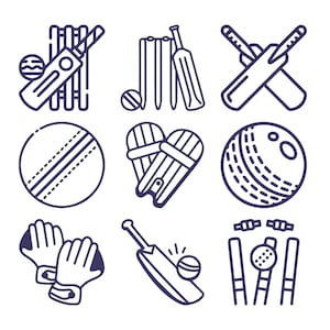 Broderidesignpaket med cricketkonturer, maskinbroderifil för sport, direktnedladdning, storlek 7