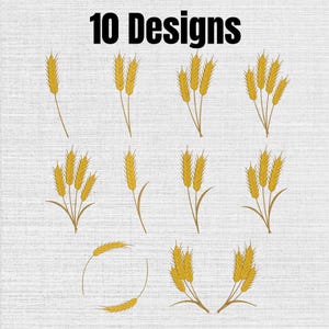 Puede incluir: Un gráfico digital que presenta el texto 10 Designs en negro, acompañado de diez ilustraciones distintas de tallos de trigo amarillo dorado dispuestos en varios grupos, incluyendo tallos individuales, racimos y una corona.