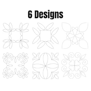 Puede incluir: Una colección de 6 Designs con ilustraciones de arte lineal negro sobre un fondo blanco. La imagen muestra seis patrones cuadrados distintos compuestos por motivos florales, de hojas y de volutas simétricas creados con líneas finas y continuas.