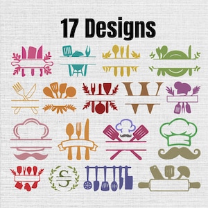May include: A collection of 17 kitchen-themed graphic designs featuring various cooking utensils, chef hats, and mustaches in multiple colours. Each design includes a horizontal split space for personalisation, arranged in a grid on a light background.