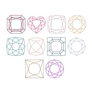 Op de afbeelding: Een verzameling van tien edelsteenontwerpen in verschillende vormen, waaronder vierkant, hartvormig en rond. Elk ontwerp is omlijnd in een andere kleur, zoals bordeauxrood, blauwgroen en goud, tegen een witte achtergrond. De afbeelding toont een verscheidenheid aan potentiële sieradenontwerpen.