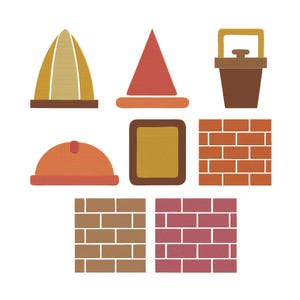 May include: A collection of construction-themed illustrations. The image includes a hard hat, traffic cone, bucket, and various brick wall patterns. The color palette features shades of orange, brown, and yellow, creating a cohesive design.